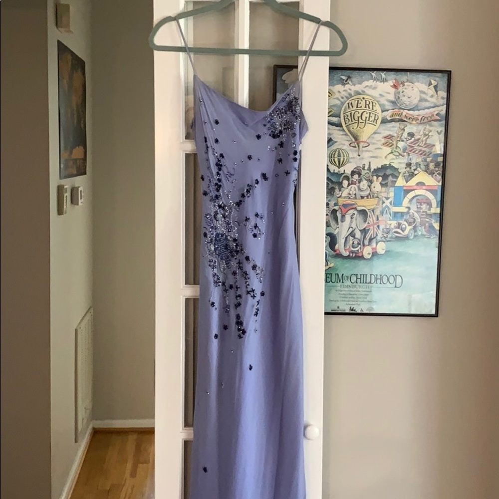 Blue beaded floor length silk dress